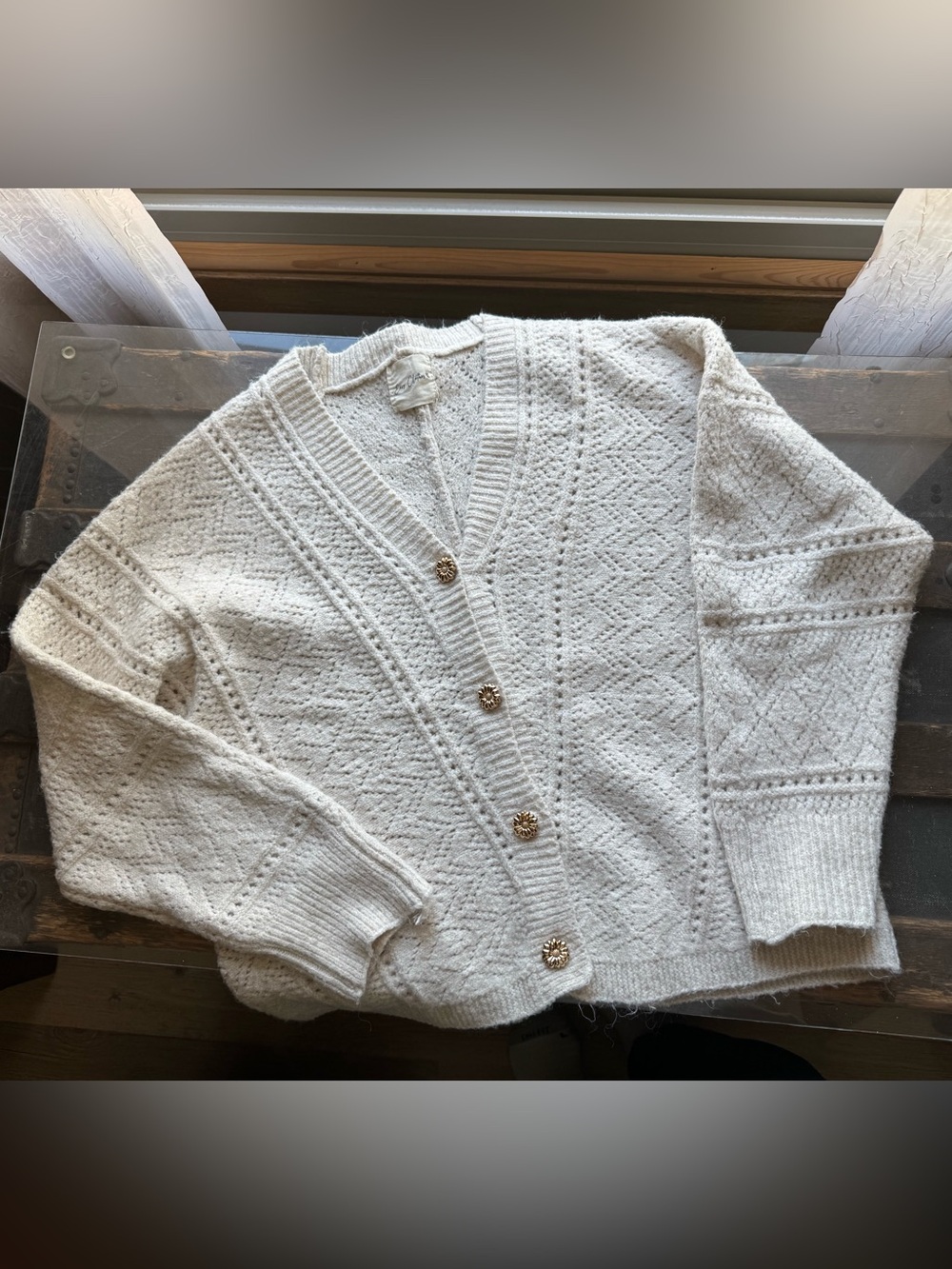 Women's Cream Textured Knit Cardigan Sweater-easy clothes